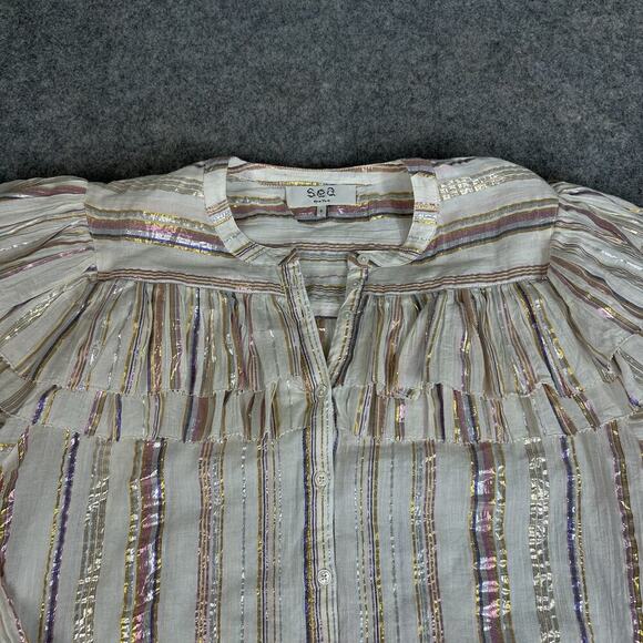 Sea New York Harriet Top Womens 6 Lurex Metallic Striped Two Layer Ruffle Blouse - Picture 3 of 9